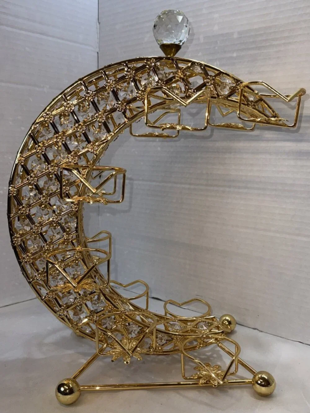 Gold Crystal Crescent Moon Arabic Qahwa Coffee Cup Holder Display Stand